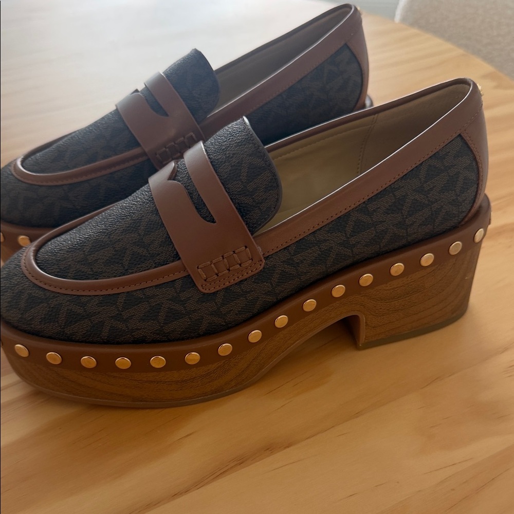 Michael Kors Brown Logo Platform Loafers with Gold Studs